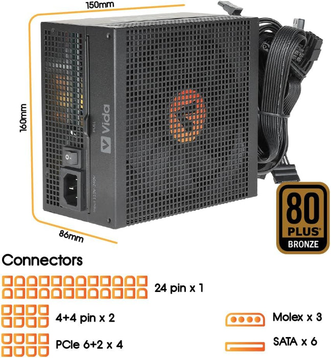 Vida 650W Heracles ATX Gaming PSU, 80+ Bronze, 14cm Ultra-Quiet FDM Fan