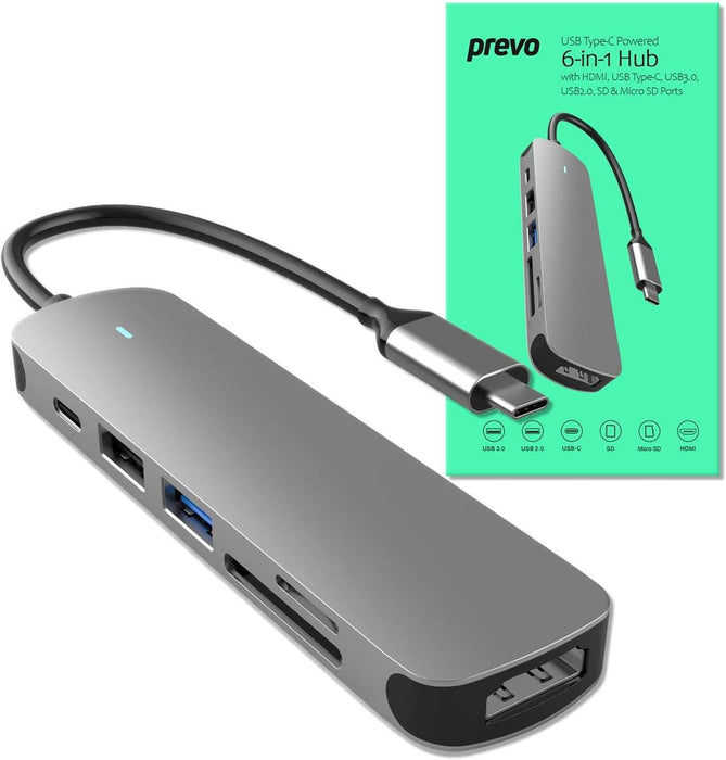 Prevo USB Type-C 6-IN-1 Hub, 6-Port Hub (HDMI, USB 3.0, USB 2.0, Type-C, SD, Micro SD)