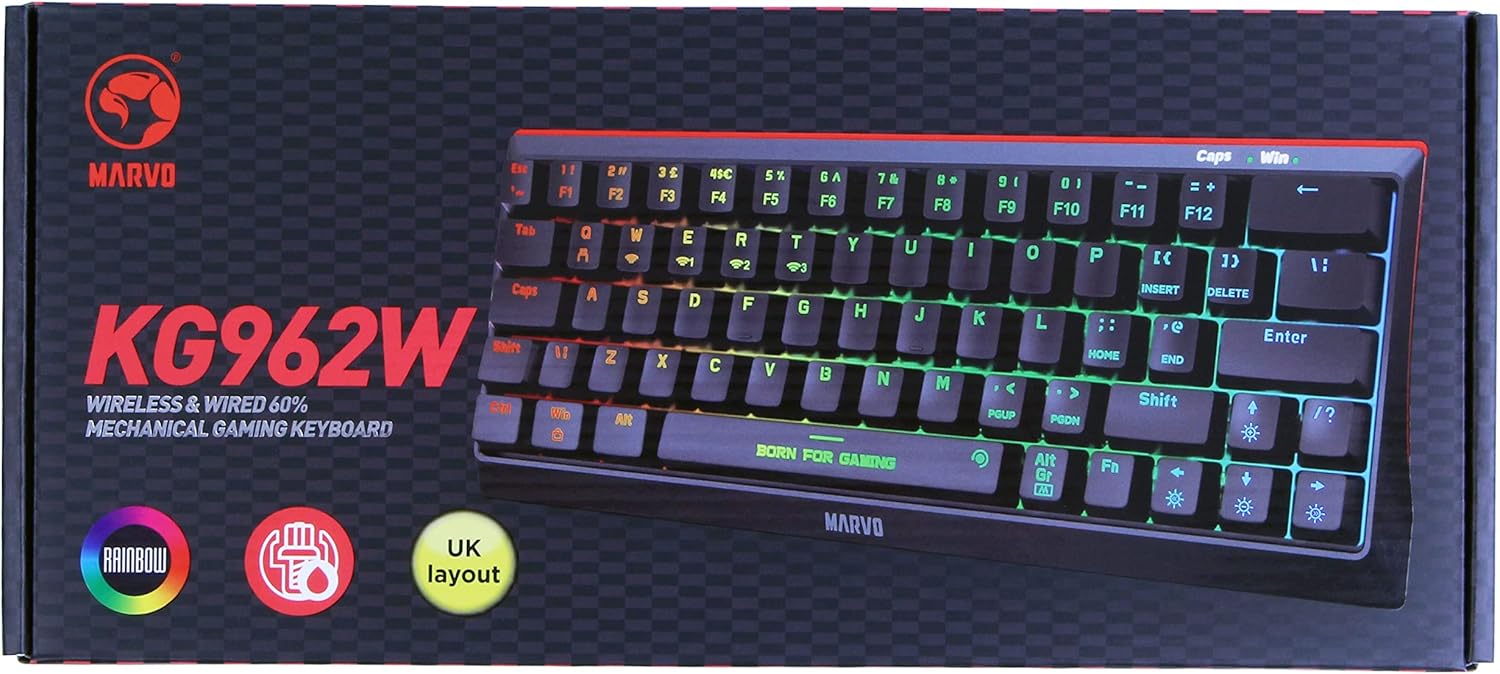 Marvo Tri-Mode Wireless and Wired 60% TKL Mechanical Gaming Keyboard, Scorpion KG962W-UK