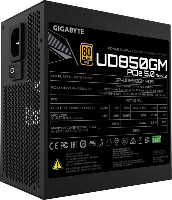 Gigabyte 850W ATX PSU, Fully Modular, 80+ Gold, PCIe5, UD850GM PG5, Power Supply