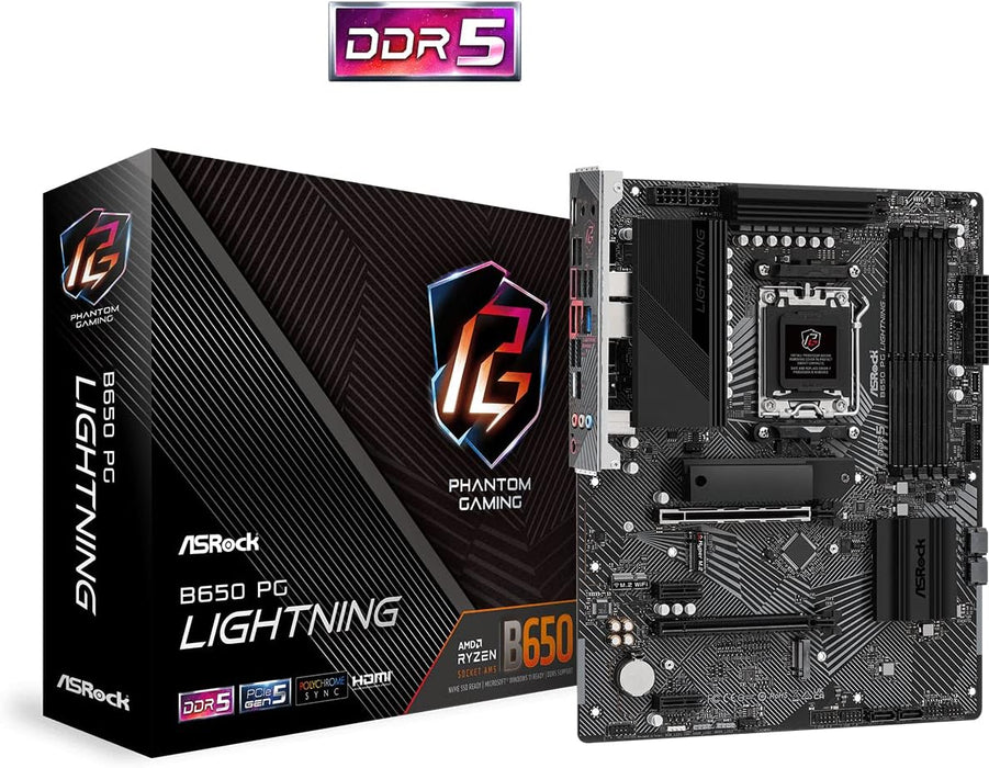 Asrock B650 PG Lightning Motherboard, AMD B650, AM5, ATX, DDR5, HDMI, 2.5G LAN, PCIe4, M.2