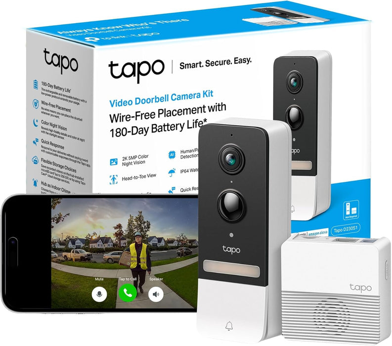 TP-Link Tapo D230S1 Smart Battery 2K 5MP Video Doorbell Kit w/ Hub, Night Vision