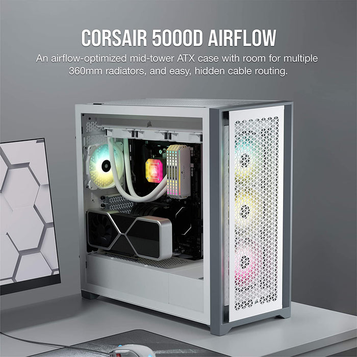 Corsair 5000D Airflow Gaming Case w/ Tempered Glass Window, E-ATX, 2 x AirGuide Fans, High-Airflow Front Panel, USB-C, White