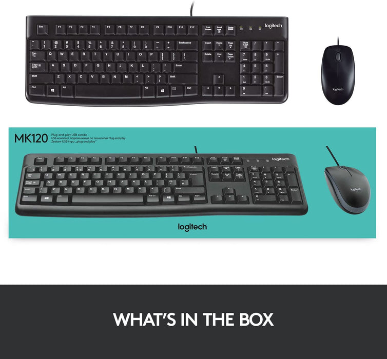 Logitech MK120 Wired Keyboard and Mouse Combo for Windows, Optical Wired Mouse, Full-Size Keyboard, USB Plug-and-Play, Compatible with PC, Laptop