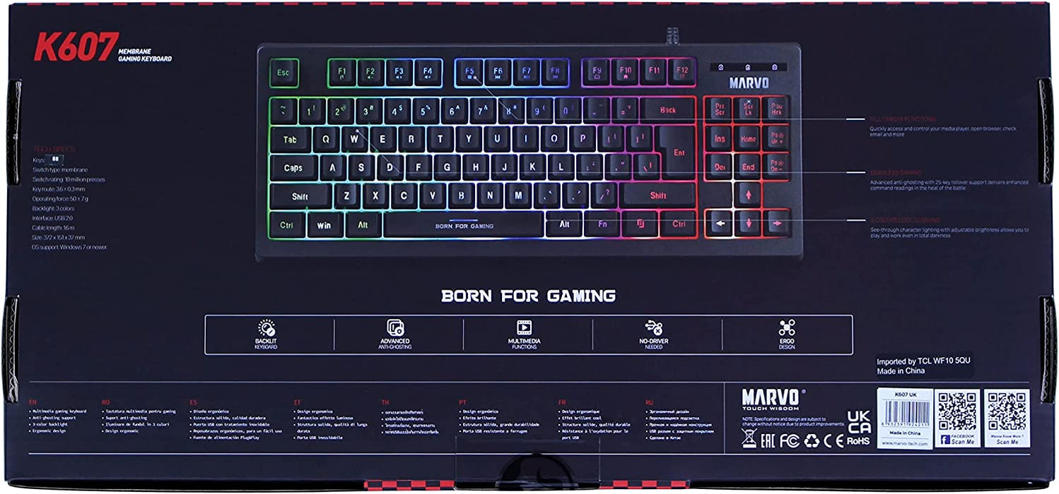 Scorpion K607 Gaming Keyboard, USB 2.0, Mutimedia, Anti-ghosting, Eronomic Compact Design, 3 Colour LED backlit, Black