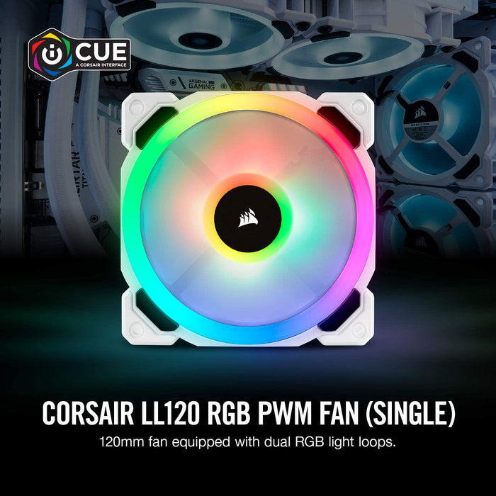 Corsair LL120 12cm PWM RGB Case Fan, 16 LED RGB Dual Light Loop, Hydraulic Bearing, White, Single Fan Expansion Pack