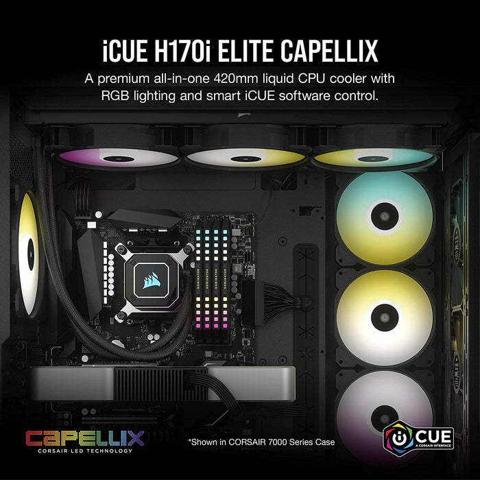 Corsair iCUE H170i ELITE CAPELLIX 420mm RGB Liquid CPU Cooler, 3 x 14cm ML140 RGB PWM Fans, Black