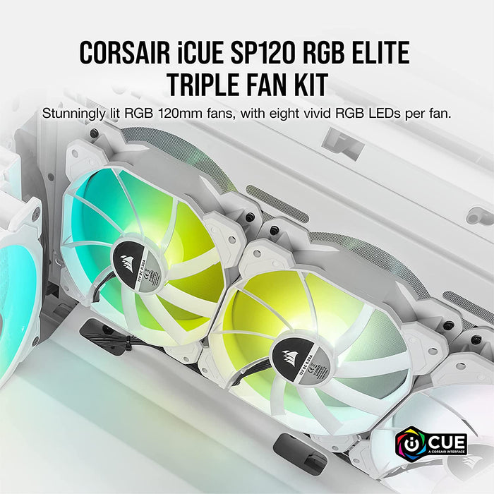 Corsair iCUE SP120 RGB Elite Case Fan x3 12cm PWM, ARGB LEDs, Hydraulic Bearing, Lightning Node Core Included, White PC Case Fan
