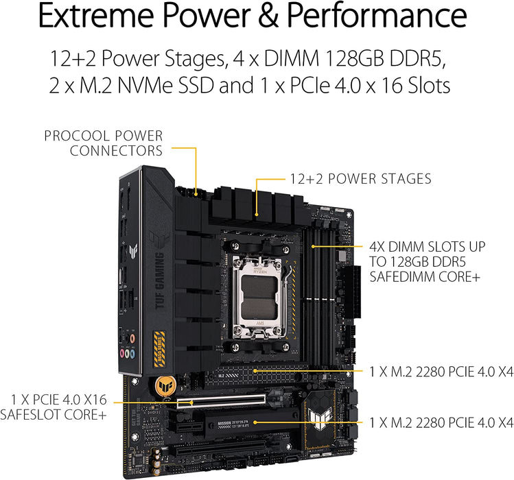 Asus Tuf Gaming B650M-PLUS Motherboard, AMD Ryzen B650, AM5, Micro ATX, 4 DDR5, HDMI, DP, 2.5G LAN, PCIe4, 2x M.2