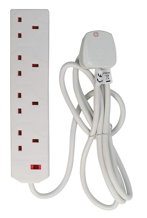 Pifco 4 Way UK 3Pin Plug 13A 250V Extension Lead with 2 Metre High-Quality Cable - Neon Power On Indicator - White
