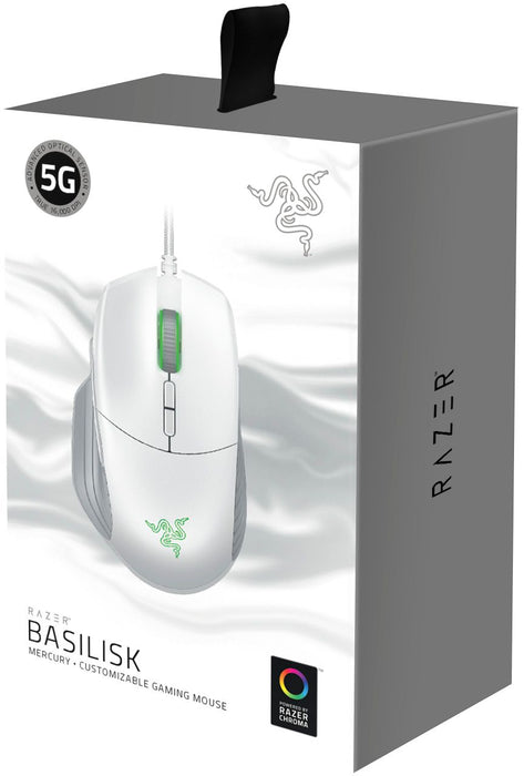 Razer Basilisk Mercury Gaming Mouse, 5G Optical Sensor, 16000 DPI, Mechanical Mouse Switches, Right Handed, 8 Buttons, White