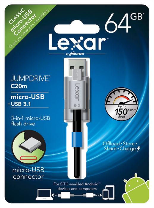 Lexar JumpDrive C20m 64GB USB 3.1 + MicroUSB Flash Drive