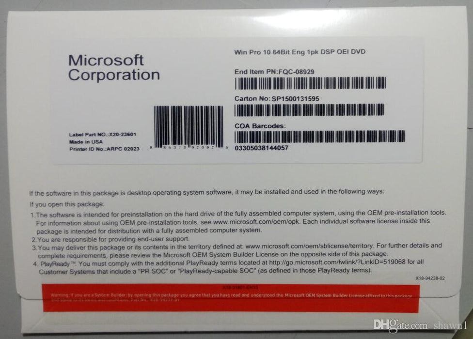 Microsoft Windows 10 Professional 64-bit, OEM DVD, Single Copy