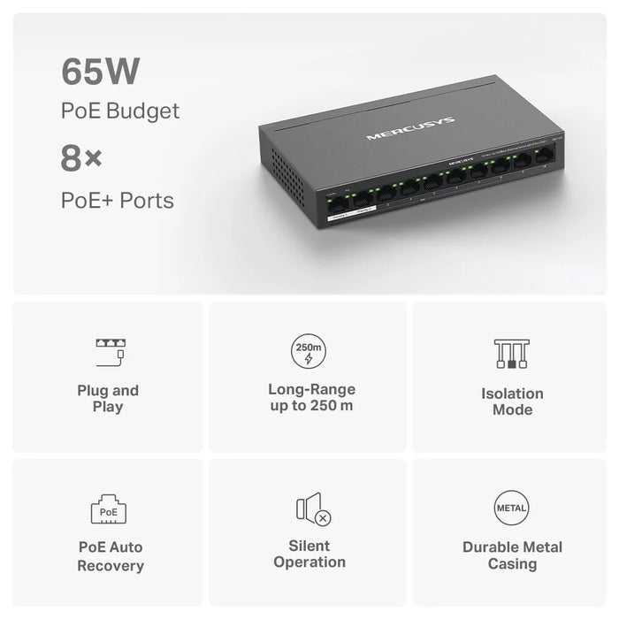 Mercusys MS110P 10‑Port 10/100Mbps Switch with 8‑Port PoE+ and 250m Extend Mode