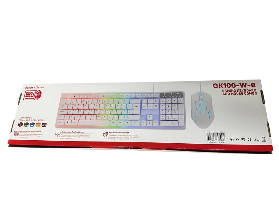Builders Choice GK100‑W‑B Gaming Keyboard & Mouse Combo – White, RGB, Full‑Size