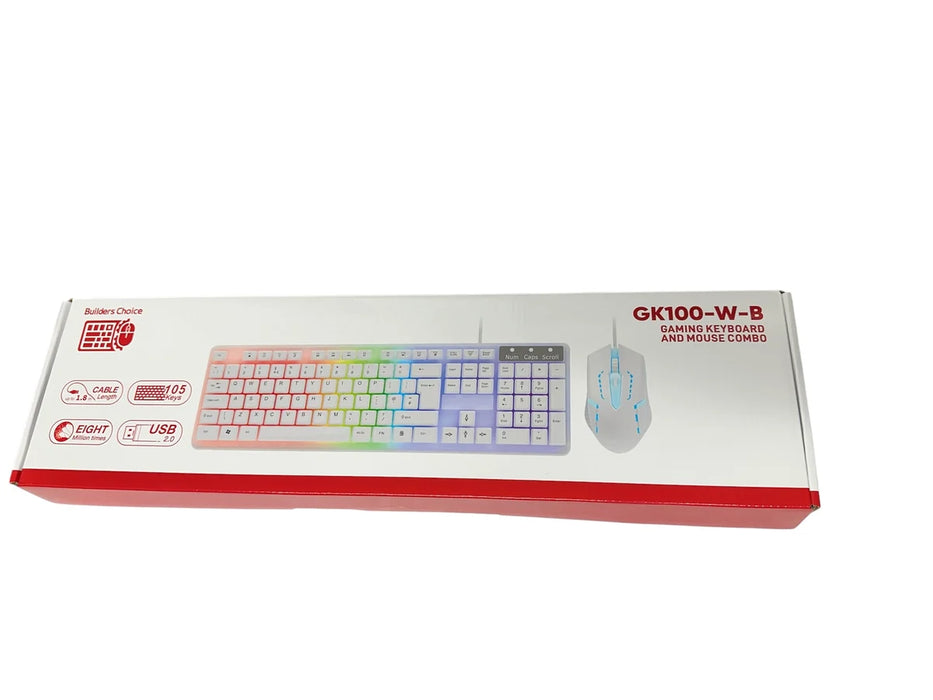 Builders Choice GK100‑W‑B Gaming Keyboard & Mouse Combo – White, RGB, Full‑Size