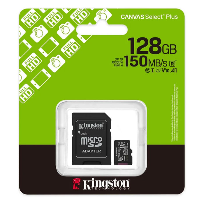 Kingston 128GB Canvas Select Plus Gen3 microSDXC memory card with 150MB/s read speed and A1 performance