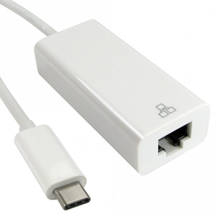 White USB-C to Ethernet adapter on a white background