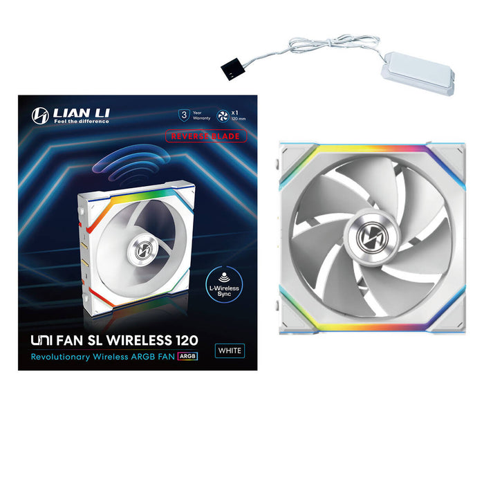 Lian Li UNI FAN SL Wireless RGB 120mm Reverse Flow Fan White – ARGB PWM, 2000RPM