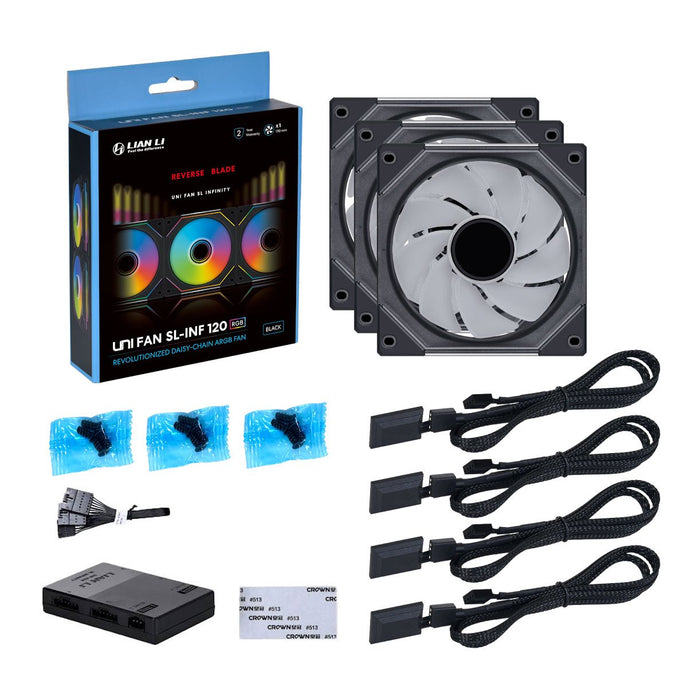 Lian Li UNI FAN SL Infinity Mirror Reverse Blade 120mm ARGB PWM Fan Black, 3 Pack With Hub