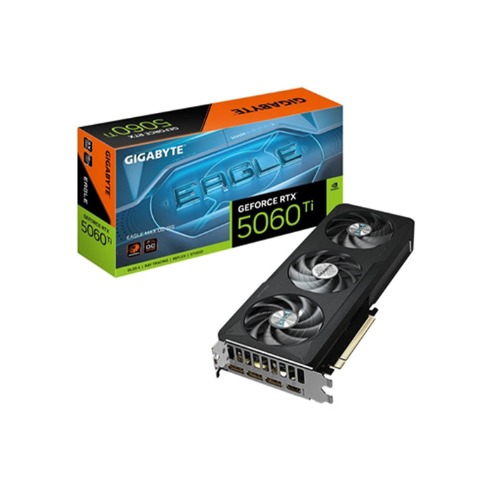 Gigabyte GeForce RTX 5060 Ti graphics card with packaging on a white background