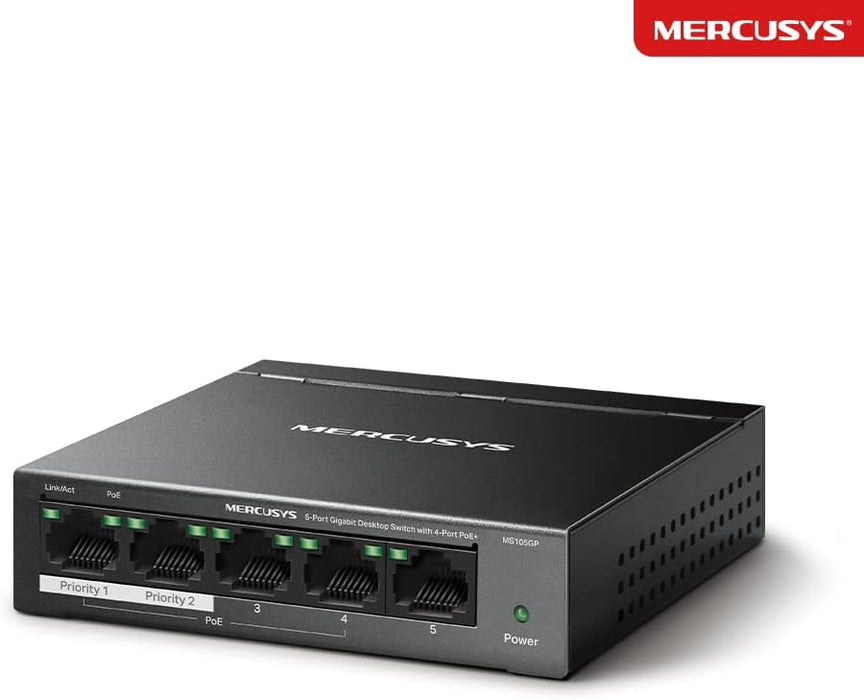Mercusys MS105GP 5-Port Gigabit Desktop Switch with 4-Port PoE+, Steel Case, Ethernet Switch