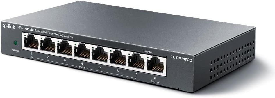 TP-Link RP108GE 8-Port Gigabit Managed Reverse PoE Switch, 7 PoE Input & 1 PoE Output, DC Output, Metal Casing