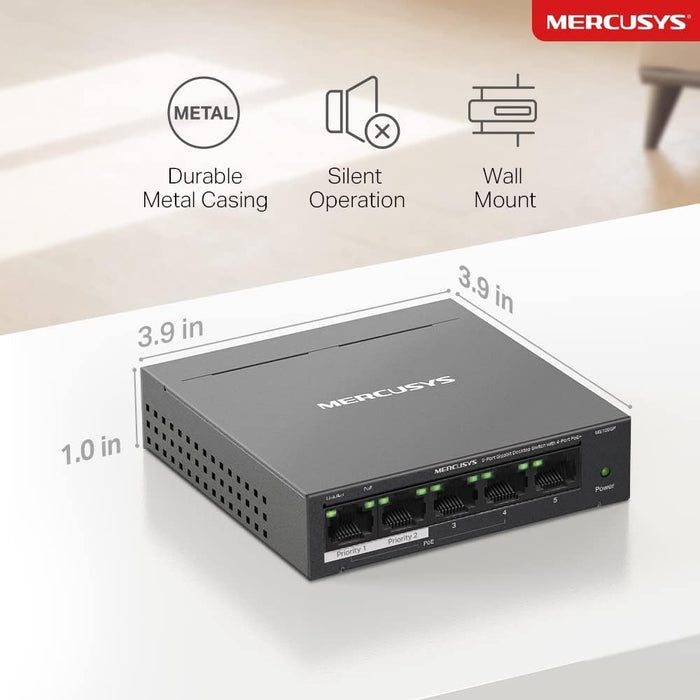 Mercusys MS105GP 5-Port Gigabit Desktop Switch with 4-Port PoE+, Steel Case, Ethernet Switch