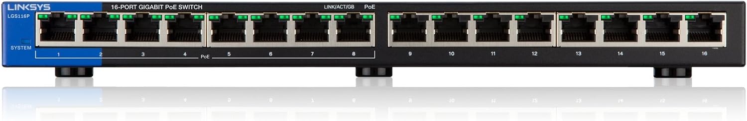 Linksys LGS116P 16-Port Gigabit PoE+ Switch – 8 PoE+ Ports, 80W Budget & QoS