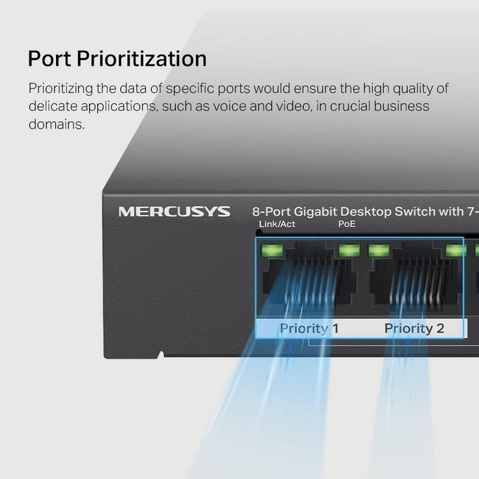 Mercusys (MS108GP) 8-Port Gigabit Desktop Switch with 7-Port PoE+, Steel Case, Ethernet Switch