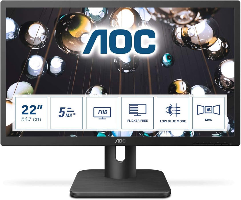 AOC 22E1Q 22" FHD Monitor 1920x1080, 60Hz, 5ms, MVA, Speakers, Flicker Free, HDMI, DP, 16:0
