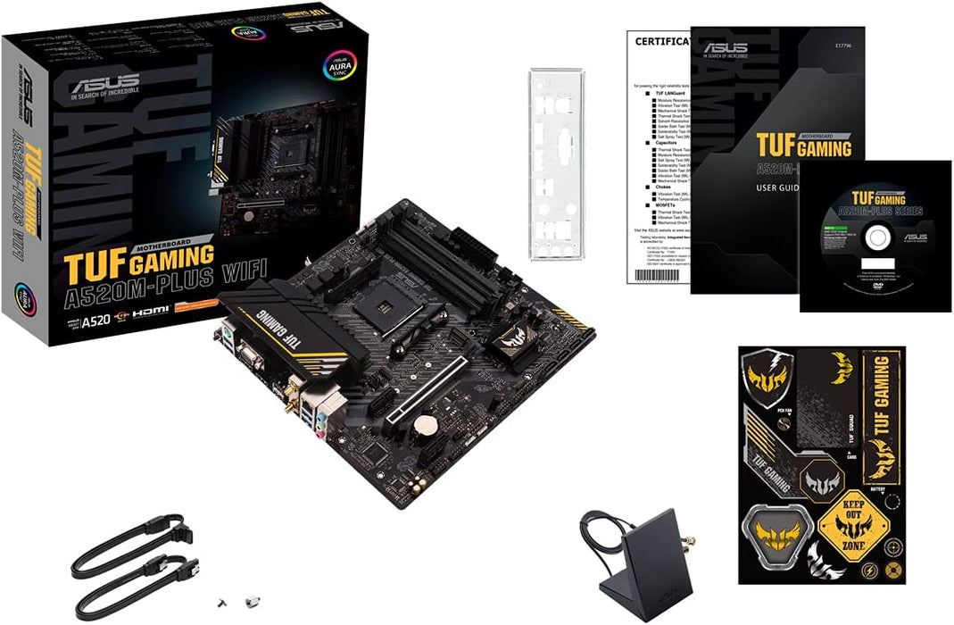 Asus Tuf Gaming A520M-Plus WiFi Motherboard, AMD A520, AM4, Micro ATX, DDR4, VGA, HDMI, DP, AC Wi-Fi, M.2