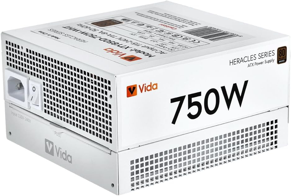 Vida 750W Heracles White ATX Gaming PSU, 80+ Bronze Power Supply, 14cm Ultra-Quiet FDM Fan, Flat White Cables