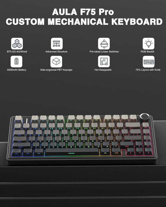 AULA F75 PRO Wireless Mechanical Keyboard – 75% Hot‑Swappable, RGB, Tri‑Mode
