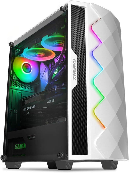 GameMax Diamond ARGB Gaming PC Case w/ Glass Window, ATX, ARGB Strip & Angled Pattern Front, Rear RGB Fan, LED Button, White