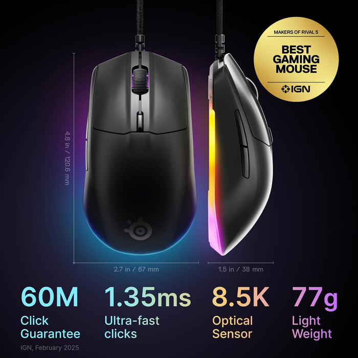 SteelSeries Rival 3 Gen 2 Wired Gaming Mouse – 8.5K DPI, TrueMove Core Sensor, RGB