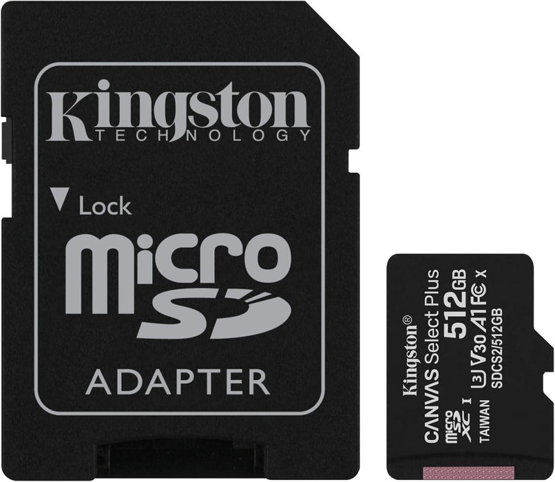 Kingston 512GB Micro SDXC Card with SD Adapter, UHS-I Class 10, U3, A1 App Performance, 100MB/s, Canvas Select Plus