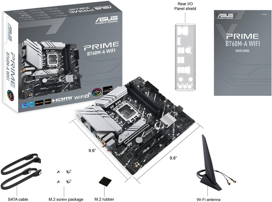 Asus Prime B760M-A WiFi Gaming Motherboard, Intel B760, 1700, Micro ATX, DDR5, HDMI, DP, Wi-Fi 6, 2.5G LAN, PCIe4, M.2