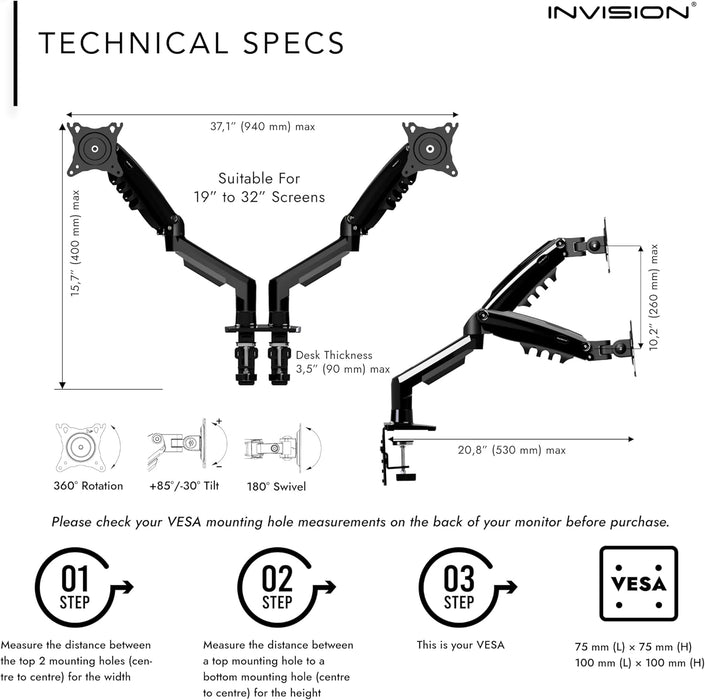 Invision MX400 Dual Monitor Arm Desk Mount for 19-32 Inch Screens