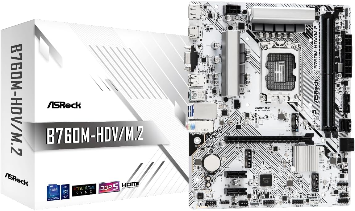 Asrock B760M-HDV/M.2 Motherboard Micro ATX DDR5, HDMI, DP, VGA, PCIe 4.0, LAN, M.2 Intel B760 1700