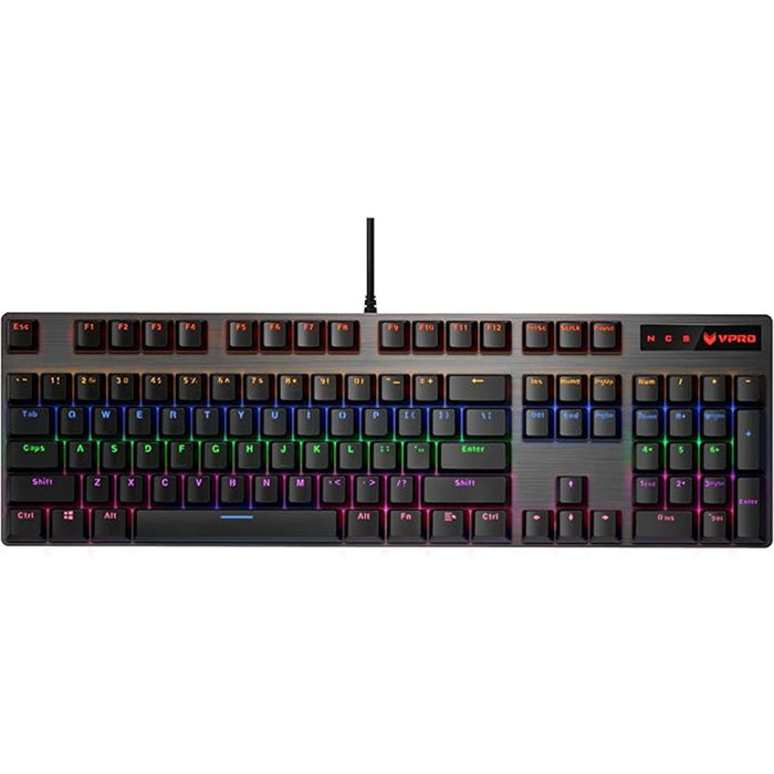 Mechanical keyboard with RGB backlighting on a white background