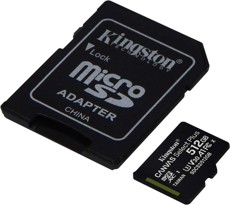 Kingston 512GB Micro SDXC Card with SD Adapter, UHS-I Class 10, U3, A1 App Performance, 100MB/s, Canvas Select Plus