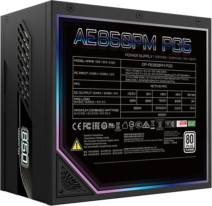 Gigabyte Aorus Elite 850W Power Supply, 80+ Platinum, Fully Modular PSU, Black