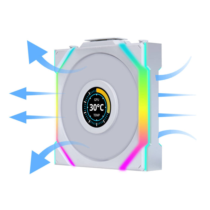 Lian Li UNI SL Wireless LCD RGB Reverse Flow 120mm Fan White – ARGB PWM with 1.6" LCD Display