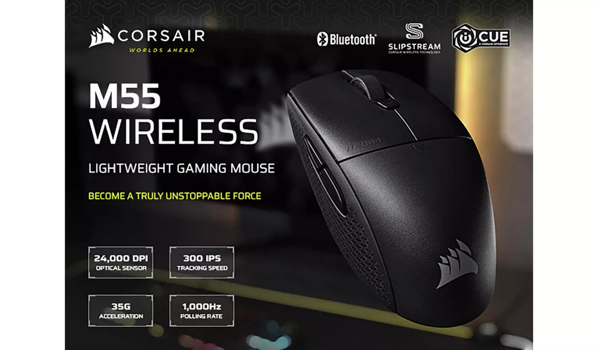 Corsair M55 Wireless Gaming Mouse – 24K DPI, SLIPSTREAM Wireless, Bluetooth, 6 Buttons, Black