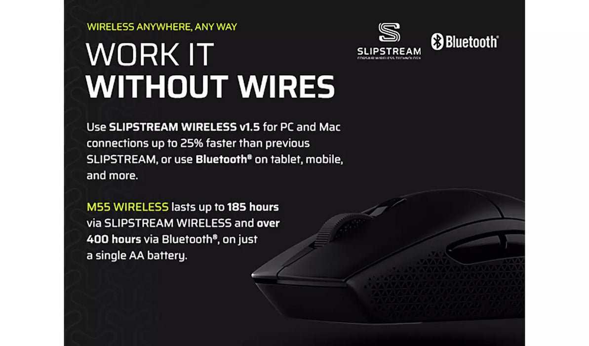 Corsair M55 Wireless Gaming Mouse – 24K DPI, SLIPSTREAM Wireless, Bluetooth, 6 Buttons, Black