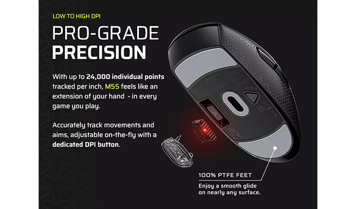 Corsair M55 Wireless Gaming Mouse – 24K DPI, SLIPSTREAM Wireless, Bluetooth, 6 Buttons, Black