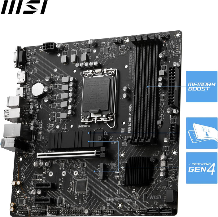 MSI Pro B760M-P Micro ATX Motherboard, Intel B760, LGA 1700, DDR4, PCIe 4, M-ATX, HDMI, DP, M.2