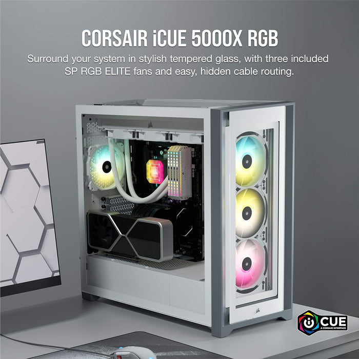 Corsair iCUE 5000X RGB Gaming PC Case Tempered Glass, E-ATX, AirGuide RGB Fans, Lighting Node, White