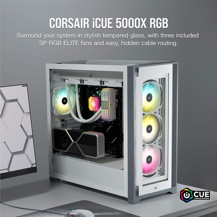 Corsair iCUE 5000X RGB Gaming PC Case Tempered Glass, E-ATX, AirGuide RGB Fans, Lighting Node CORE included, USB-C, White